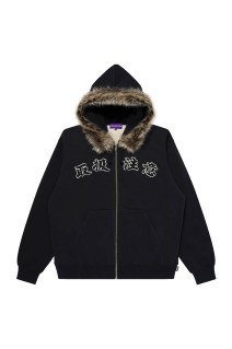 FAUX FUR HOODED HWC ZIP HOODIE - BLACK (BEPFW25TP19)