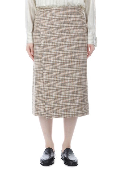 SILK LINEN NEP CHECK WRAP SKIRT - IVORY BEIGE CHECK (A26SS05SN