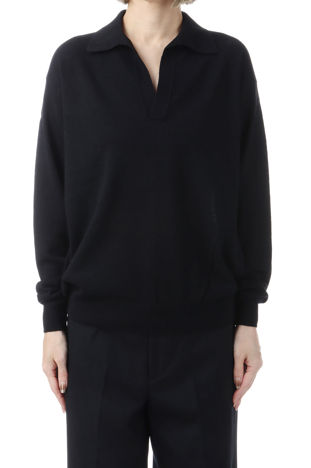 SUPER FINE CASHMERE SILK KNIT SKIPPER POLO - BLACK (A26SP04SC