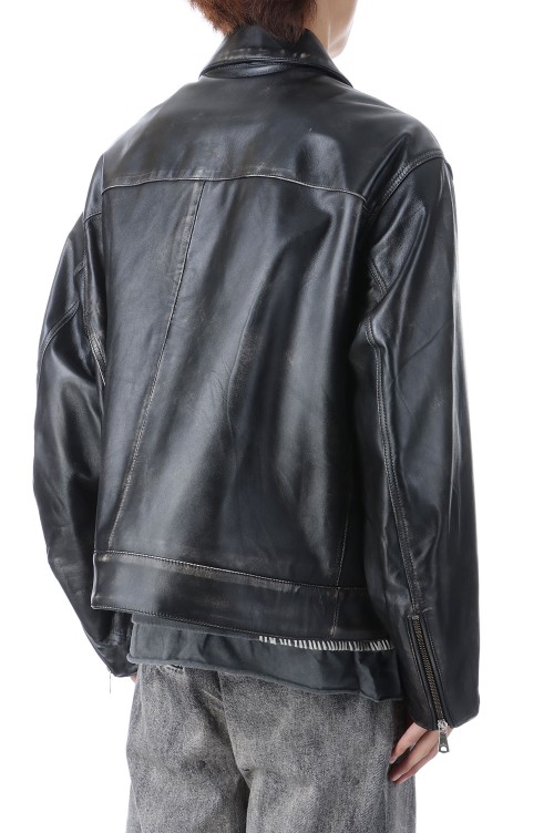 Sheep Leather Single Riders Collared Jacket - DARK BLACK