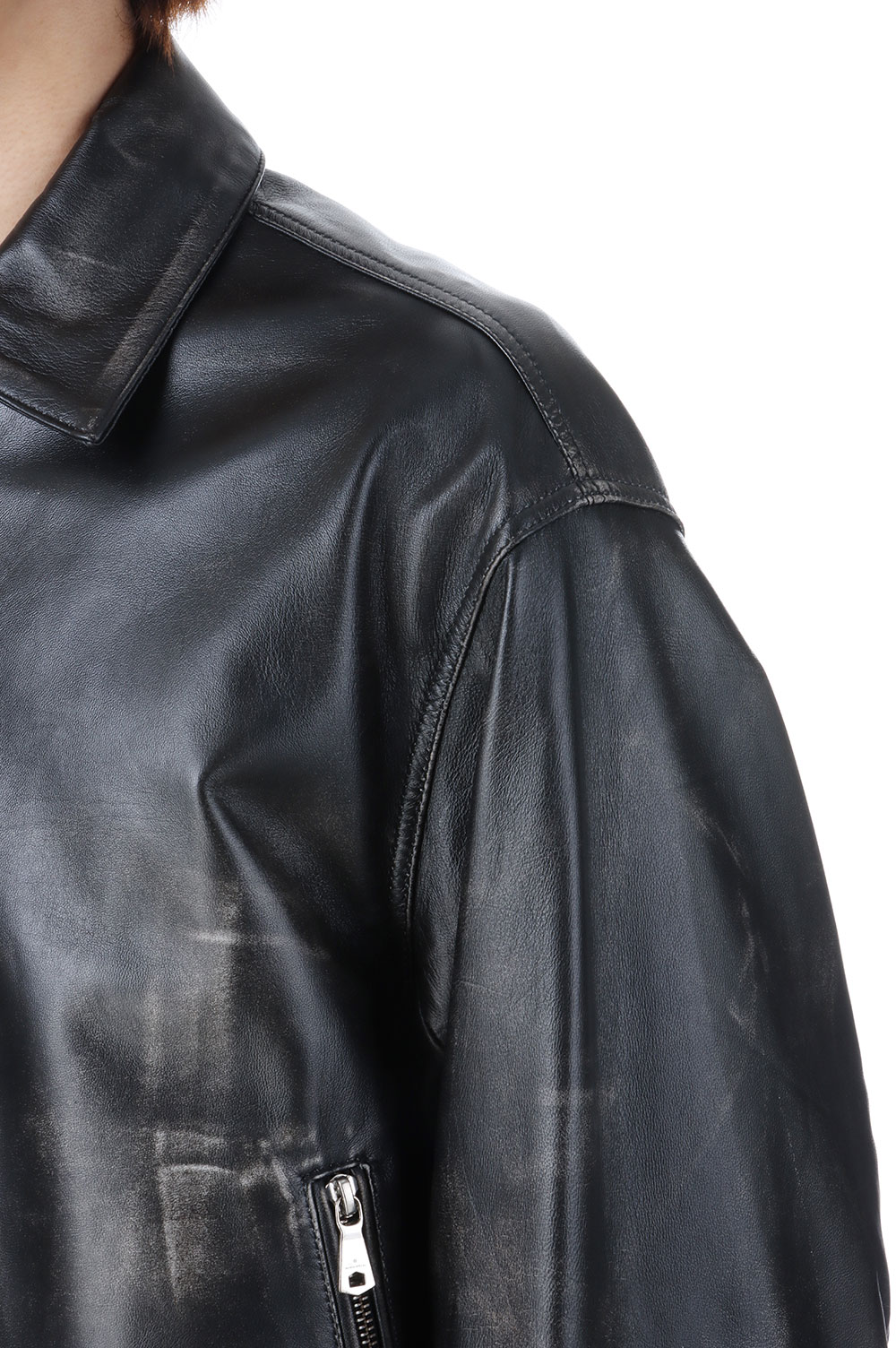 Sheep Leather Single Riders Collared Jacket - DARK BLACK