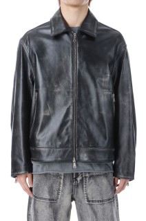 Sheep Leather Single Riders Collared Jacket - DARK BLACK (11242211208)