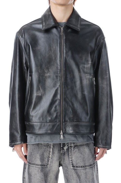 Sheep Leather Single Riders Collared Jacket - DARK BLACK
