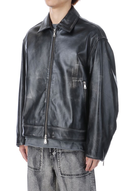 Sheep Leather Single Riders Collared Jacket - DARK BLACK