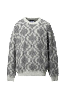 Diamond Geometric Pattern Prime-Over Crew Neck Mohair Shaggy Knit Pullover - GRAY (11252361314)
