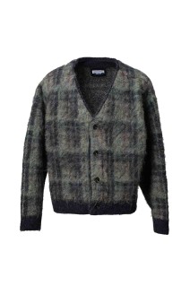 Check Pattern V-Neck 5G Shaggy Knit Cardigan - BLUE (11252361315)