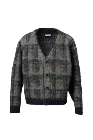 Check Pattern V-Neck 5G Shaggy Knit Cardigan - BLUE (11252361315)