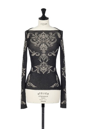 DAMASK-PATTERN RIB KNIT TOP - BLACK (FTC262-0708)