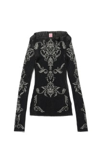 DAMASK-PATTERN RIB KNIT TOP - BLACK (FTC262-0708)