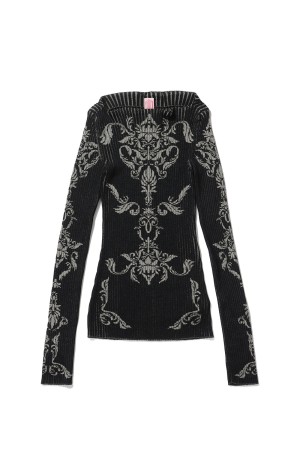 DAMASK-PATTERN RIB KNIT TOP - BLACK (FTC262-0708)