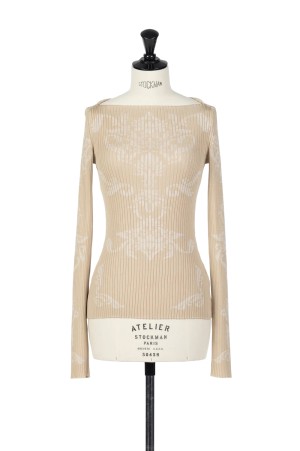 DAMASK-PATTERN RIB KNIT TOP - BEIGE (FTC262-0708)