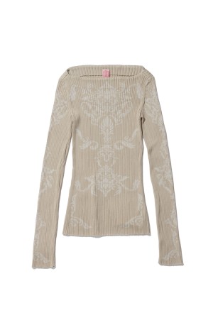 DAMASK-PATTERN RIB KNIT TOP - BEIGE (FTC262-0708)