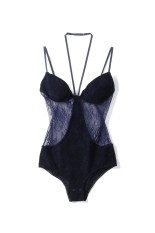 SHEER PANELED VELOUR BODYSUIT - NAVY (FTC262-0404)