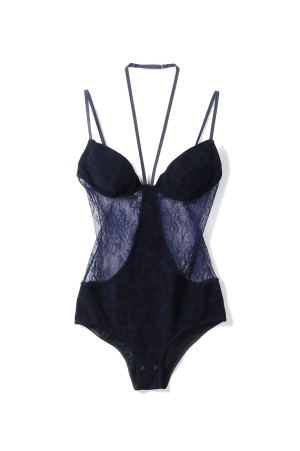 SHEER PANELED VELOUR BODYSUIT - NAVY (FTC262-0404)