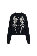 Ribbon tulle pearl embroidery cardigan - Black (TD-26SS-KN53)