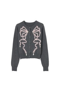 Ribbon tulle pearl embroidery cardigan - Black (TD-26SS-KN53)