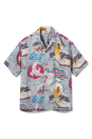 JAPANESE QUAINT DESIGN S/S RAYON HAWAIIAN SHIRT - GRAY (SS39614 )