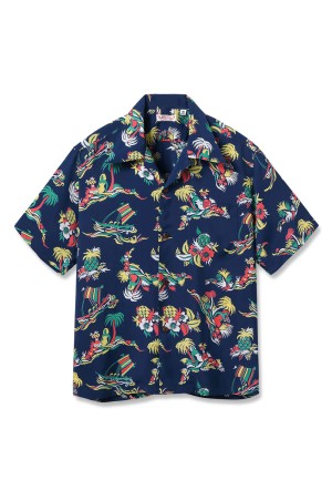 ISLAND TRIP S/S RAYON HAWAIIAN SHIRT - NAVY (SS39620 )