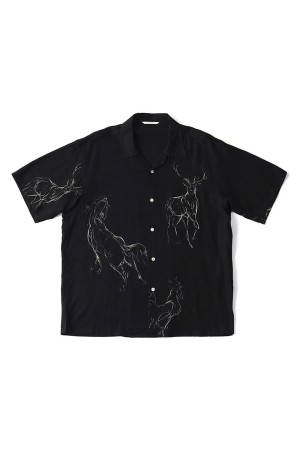 ORIGINAL PRINTED OPEN COLLAR SHIRTS (ANIMAL DRAWING) Short-sleeve / BLACK (261OJ-SH22)