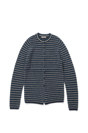 SHETLAND WOOL CASHMERE RIB KNIT CREW-NECK CARDIGAN - NAVY STRIPE (A26AC02SB)