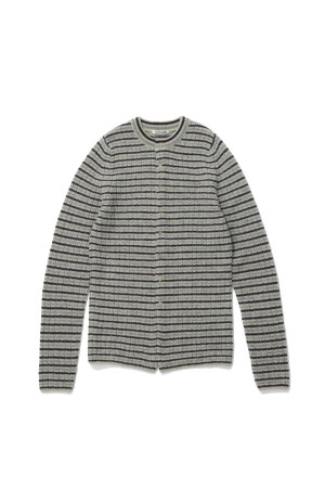 SHETLAND WOOL CASHMERE RIB KNIT CREW-NECK CARDIGAN - LIME PURPLE STRIPE (A26AC02SB)