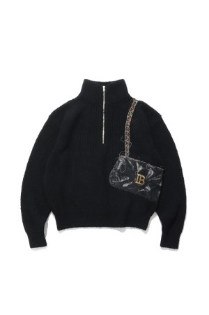 TROMPE L’OEIL EMBROIDERY HALF ZIP KNIT - BLACK (26AW56KN229)