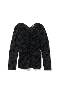 FLOCKED ROSE PRINT GATHERED BLOUSE - BLACK (FTC264-0109)