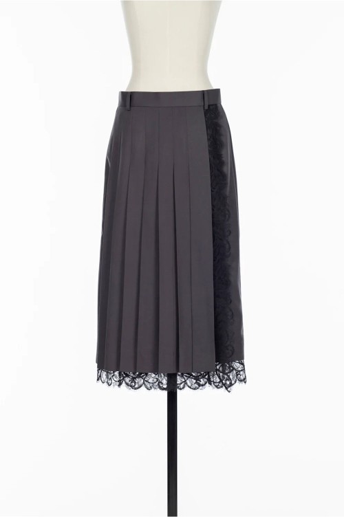 FETICO STRAPS KNIT LONG SKIRTグレー2サイズ新品 FINE WOOL PLEATED SKIRT WITH LACE TRIM - GREY (FTC264-0502