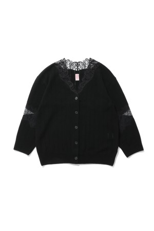 OVERSIZED HAIRY LACE PANELED KNIT CARDIGAN - BLACK (FTC264-0702)