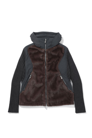 KNITTED SLEEVE PANELLED ZIP UP HOODED JACKET - CHARCOAL (NF262J04)