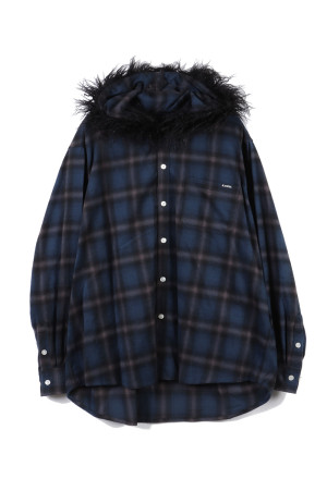 Fur-Trimmed Hooded Check Shirt - NAVY (G17SH051)
