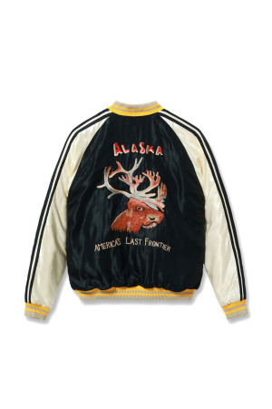 Late 1950s Style Acetate Quilted Souvenir Jacket “MOOSE” × “ALASKAN EAGLE” / 119) BLACK (TT15973-119)