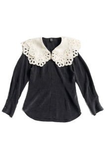 Embroidery Scallop Collar Blouse -BLACK(31262316108)