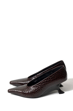 Crocodile-Embossed Curve Wedge Pumps-DARK BROWN(31262565506)